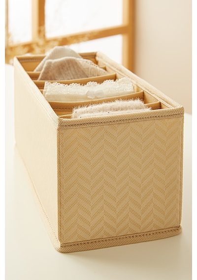 Ocean Home Textile 6 Bölmeli Bej Balıksırtı Çekmece İçi Düzenleyici Kutu 13 x 28 x 13 cm