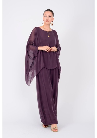 Bohem Stil İtalyan Yarasa Kol İpek Bluz & Pantolon Takım-8767 Mürdüm