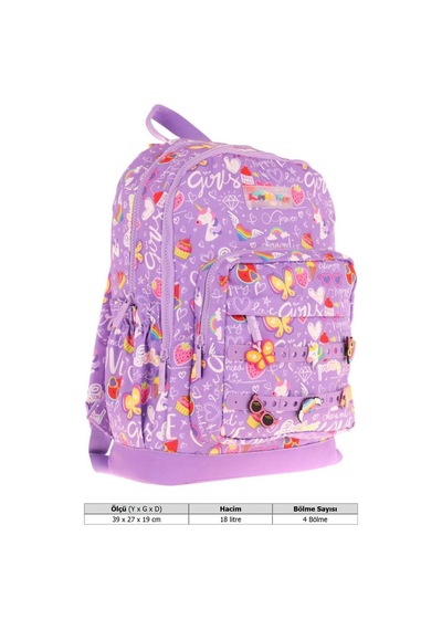 Kaukko Kids Dört Bölmeli Kız Çocuk Silikon Aksesuarlı Mor İlkokul Çantası Mor