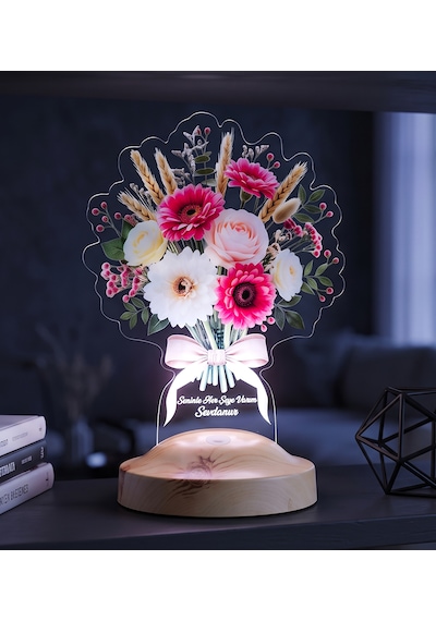 Günbatımı Gerbera Buketi Led Lamba - İsme Özel Solmayan Çiçek Buketi Yıldönümü Ve Sevgililer Günü Hediyesi