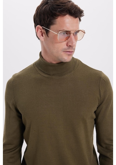 Tudors Erkek Slim Fit Tam Boğazlı Yaka Düz Yün Haki Triko Kazak-39414 Haki