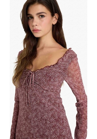 Defacto Coool V Yaka Çiçekli Tül Uzun Kollu Mini Elbise F8195ax25smbr248 Bordo-br248