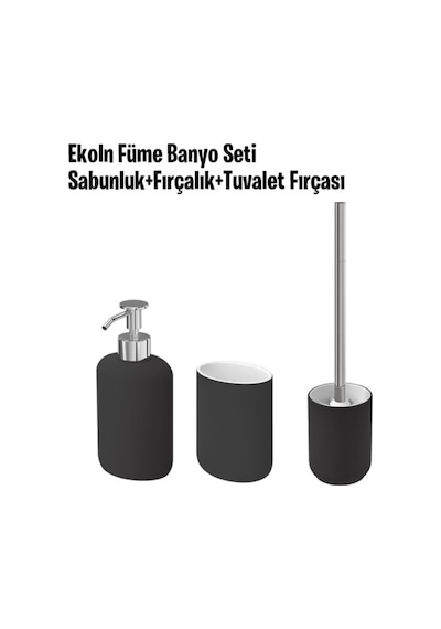 3 Parça Banyo Seti Ekoln Sabunluk, Diş Fırçalık, Tuvalet Fırçası Koyu Gri Renk Stoneware Koyu Gri