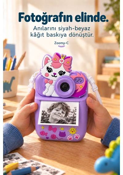 Kj/zm-001 Zoomy-c Kedi Figürlü Anında Baskılı Çocuk Fotoğraf Makinesi, Çift Kamera, 2,4 İnç Ekran, 1080p Video, 3+ Yaş Mor