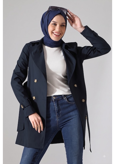 B.he.z Kadın Degaje Yaka Yarım Boy Tesettür Astarlı Kemerli Su İtici Kumaş Trençkot Lacivert
