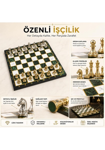 Lüks Metal Satranç Takımı Krom Figürlü 20 X 20 Cm Yeşil Mermer Desenli Dekoratif Özel Hediye Seti