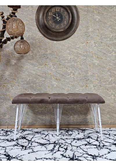 Zafir Metal Beyaz Tel Ayaklı 100 Cm Puf Bench - Puf - Bench - Oturak - Mutfak Oturağı - Antre Oturağı Kahverengi