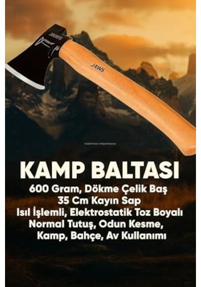 Jaws Kamp Baltası, 600 Gram, Dökme Çelik Baş, 35 Cm Kayın Sap, Isıl İşlemli, Elektrostatik Toz Boyalı, Normal Tutuş, Odun Kesme, Kamp, Bahçe, Av Kullanımı