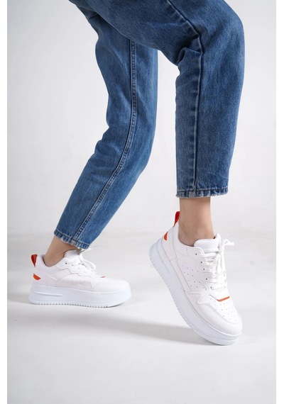 Mevese Avela Kalın Taban Bağcıklı Günlük Kadın Sneaker Beyaz Turuncu Detaylı