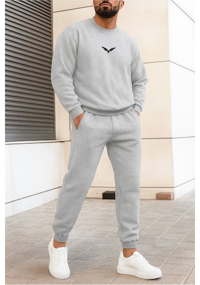 Wings Eşofman Takımı Sweatshirt Jogger - Gri Baskılı Oversize Şardonlu Bisiklet Yaka Gri