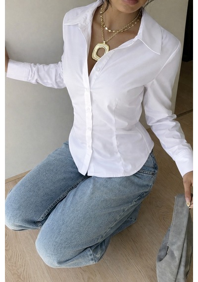 Kadın Premium Gömlek Slim Fit Uzun Kollu Şık Ofis Günlük Kombin Basic Klasik Gömlek Beyaz