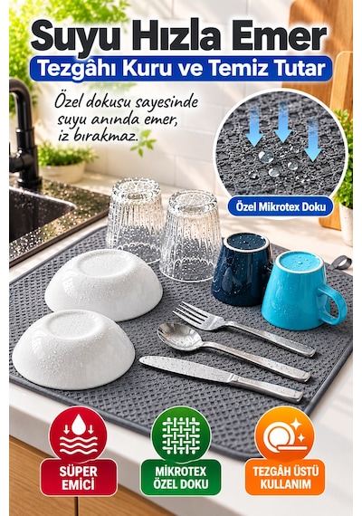 Gri Bez Mikrotex Bulaşık Kurutma Matı 45x36 Cm Süper Emici Katlanabilir Tezgah Üstü Kurutma Matı