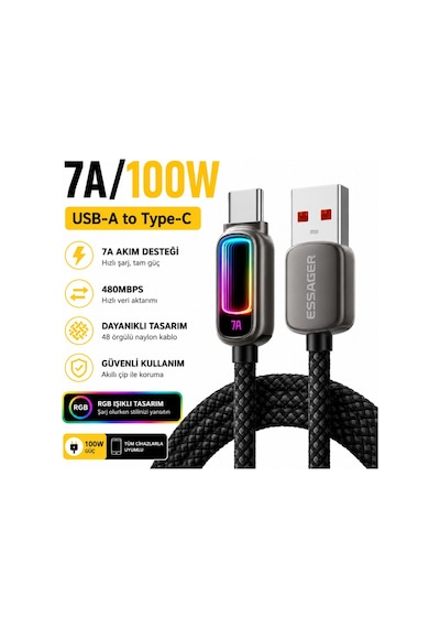 Essager 7a 100w Rgb Işıklı Usb-a To Type-c Hızlı Şarj Kablosu 480mbps Veri Aktarımı, Örgülü Dayanıklı Kablo Siyah 1 Metre