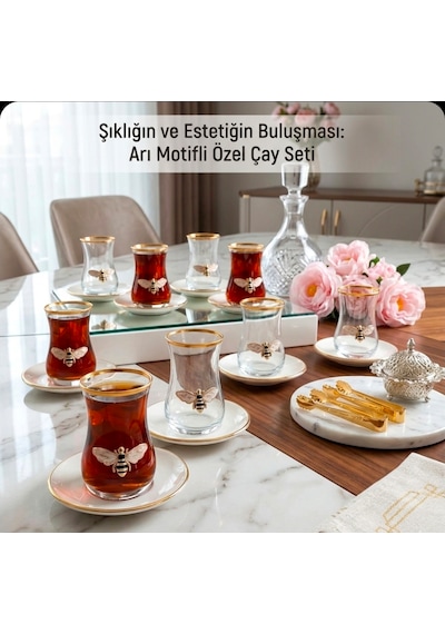 Queen Bee 12 Parça Çay Takımı 6 Kişilik Cam - Porselen Çay Seti Arı Desenli Şık Sunum Takımı Şeffaf