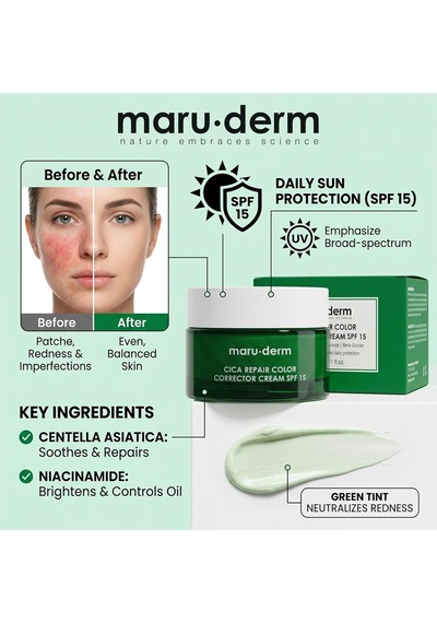 Maruderm Cica Cilt Tonu Eşitleyici Krem Spf 15 Renk Düzeltici Yatıştırıcı Gündüz Kremi, Centella Asiatica & Niasinamid İle, 30 Ml Çok Renkli