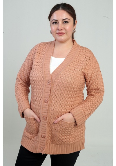 By Saygı Kadın Sepet Örgü Model Cepli Tunik Hırka Soğan Kabuğu