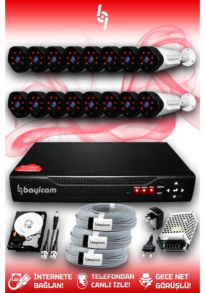 Bayicam 16 Kameralı Uzay 16 Dış Kamera Set 1 TB HDD Full HD Gece Görüşlü Güvenlik Kamerası Sistemi