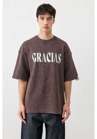 Vamos Oversize Baskılı Tişört V70-143 Kahve