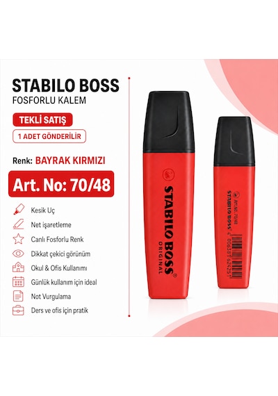 Boss Fosforlu Kalem 1 Adet Metin İşaretleme Kalemi Fosforlu Kırmızı