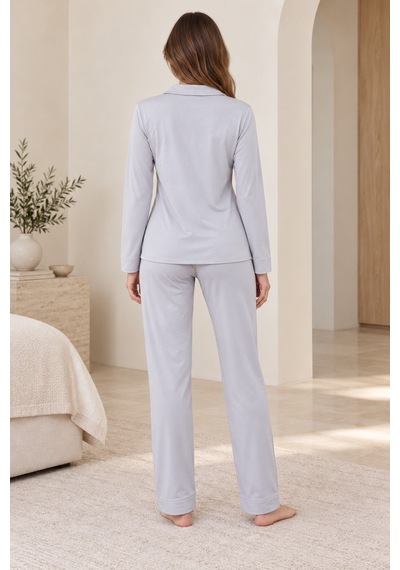 Loule Kadın Gri Penye Pijama Takımı Düğmeli Gömlek Yaka 2 Parça