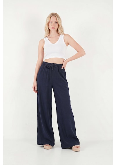 Lela Pamuklu Relaxed Fit Yüksek Bel Geniş Paça Pantolon Bayan Pantolon 668yp5559 Lacivert