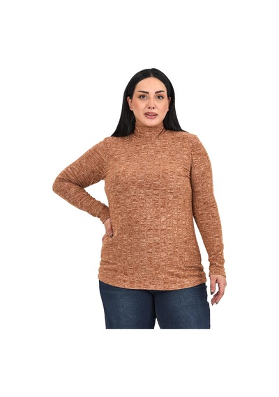 Disentis Büyük Beden Yarım Balıkçı Uzun Kollu Triko Çizgili Kahverengi Body Kahverengi