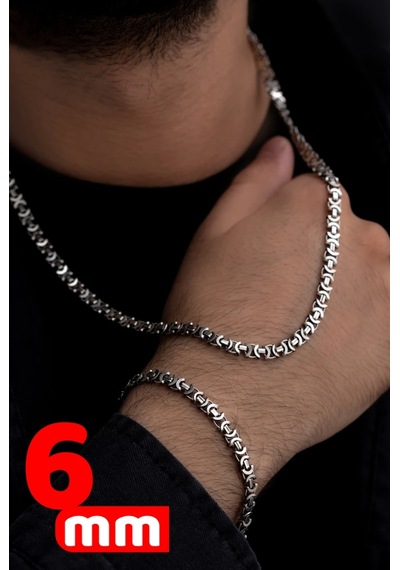 Erkek Gümüş Kolye Bileklik Set - 6mm Euro Kral Zincir Oksitli