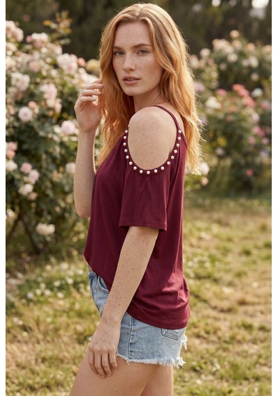 Soulshae İnci Askılı Kısa Kollu Bluz Bordo