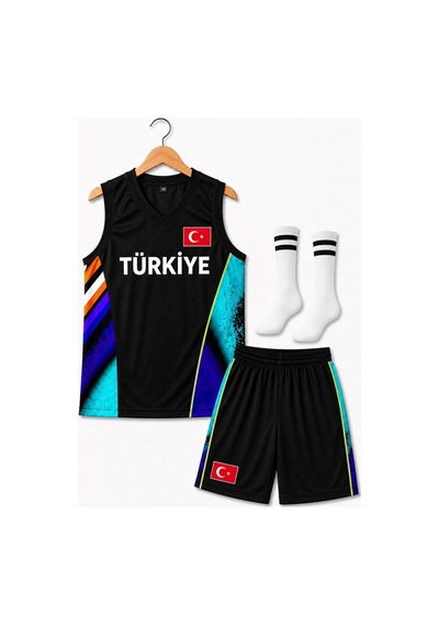 Sonvadi Çocuk Basketbol Forması Türkiye Armalı Siyah-turkuaz 3 Parça Çorap Turkuaz