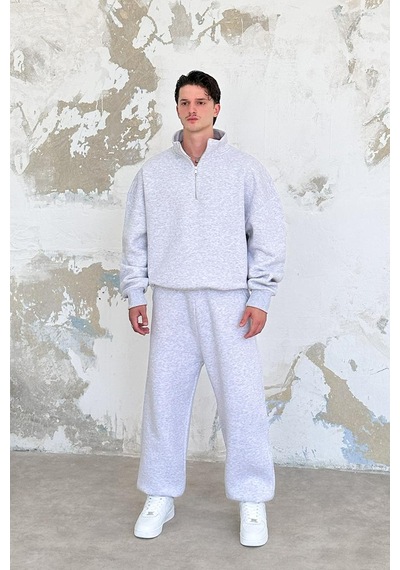 Gri Melanj Cozy Basic Yarım Fermuar Oversize Sweatshirt Gri Melanj