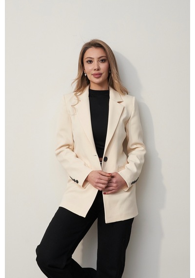 Rabia Çelik Kadın Krem Düğmeli Kol Detaylı Marka Model Blazer Ceket Krem Krem