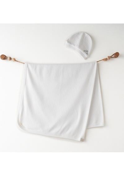 Erkek Bebek Battaniye Şapka Takım Blanket Hat Set 85x90 CM Beyaz