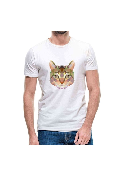 Polygonal Head Cat Kedi Baskılı Beyaz Erkek Tshirt