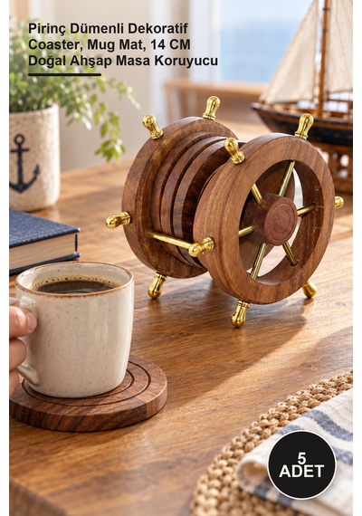 5 Adet Ahşap Bardak Altı Pirinç Dümenli Dekoratif Coaster, Mug Mat, 14 Cm Doğal Ahşap Masa Koruyucu