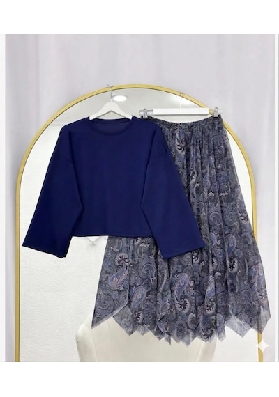 Lovie Moda Basic Bluz Asimetrik Kesim Astarlı Şifon Etekli Takım Lacivert