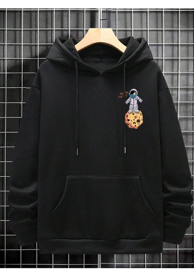 Altamira Erkek Siyah Sırt Uzay Baskılı Oversize Kapşonlu Sweatshirt 001
