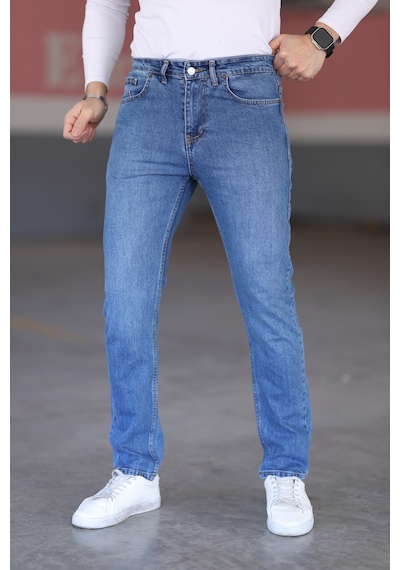 Myrab Denim Koyu Mavi Likralı Erkek Kot Pantolon - Regular Fit, Normal Bel, Kalın Kumaş Açık Mavi