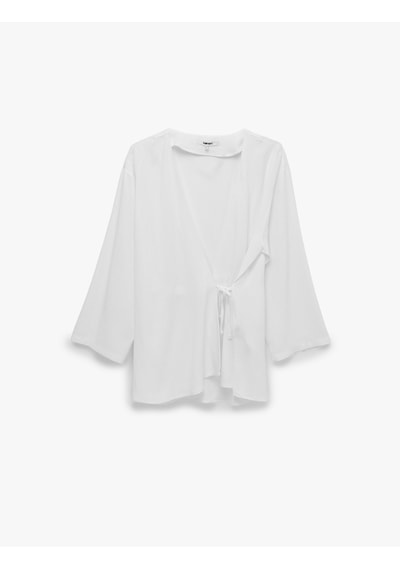 Koton Keten Karışımlı Yandan Bağlama Detaylı Kruvaze Kimono Beyaz 6sak50004pw