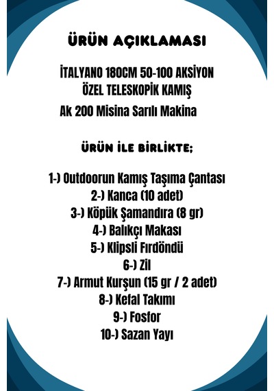 İtalyano 180cm 50-100gr Ak 200 Çocuk Olta Seti Beyaz