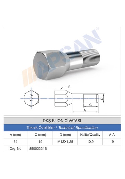 20 Adet Dkş(DOĞAN KARTAL ŞAHİN)Bijon Civatası Tam Boy 34mm