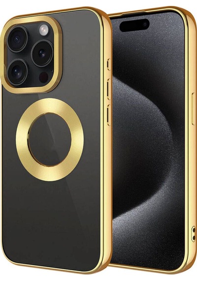 Apple Uyumlu iPhone 15 Pro Max Kılıf Tek Kamera Çerçeveli Logo Gösteren Zore Omega Kapak Gold