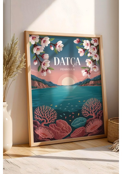 Datça Tablo - Retro Travel Poster - Muğla Şehir Serisi Duvar Dekoru - Çerçeveli Şehir İllüstrasyonu Kayın