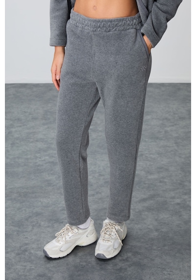 Tommy Life Gri Melanj Kalın Yumuşak Dokulu Kapüşonlu Oversize Nakışlı Polar Kadın Eşofman Takım -95338 GRİ MELANJ