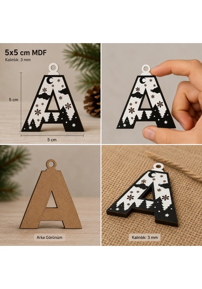 A Harf Yılbaşı Süsü Mdf Çam Ağacı Desenli Asılabilir Dekor 5x5 Cm