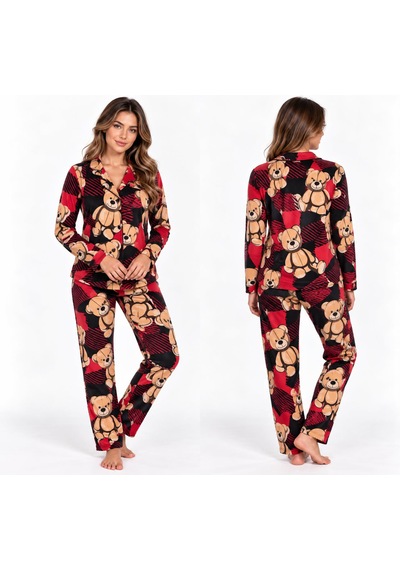 Çağrı Kadın Kırmızı Ayıcık Desenli Düğmeli Pijama Takımı - Yaka Detaylı Uzun Kollu Ev Giyimi Seti Çağrı Kadın Kırmızı Ayıcık Desenli Düğmeli Pijama Takımı - Yaka Detaylı Uzun Kollu Ev Giyimi Seti