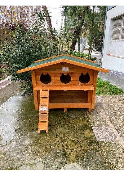 Pati Emlak Kedi Evi Ahşap Mamalıklı Dış Mekan Pati Emlak Kedi Kulübesi