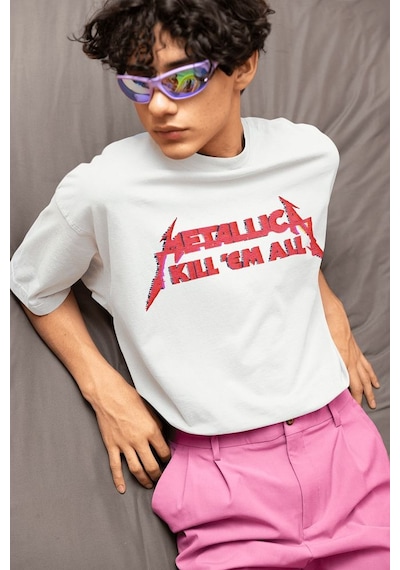 Metallica Kill 'em All Baskılı Unisex Oversize Müzik Grubu Tişört Beyaz