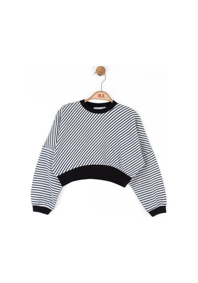 Kız Çocuk Pamuklu Çizgili Crop Sweatshirt-14715 Siyahbeyaz