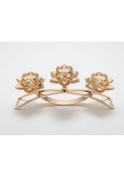 3 Kollu Kristal Cam Köprü Gold Renk Şamdan 40cm Uzunluk / 17cm Yükseklik Amber - Gold