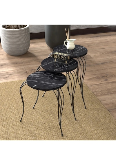 Reyo Falez Lükens Bendir Metal Ayaklı Mermer Desenli Zigon Sehpa Seti Modern Salon Ve Oturma Odası Sehpası Siyah Mermer